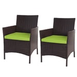 2x Fauteuil De Jardin Halden En Polyrotin, Fauteuil En OsierMarron Chiné, Coussin Vert