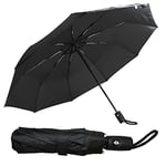 Ram® Parapluie de voyage pliable, ouverture et fermeture automatiques, poignée ergonomique, parapluie de golf 10 baleines Brolly portable mince solide léger, Noir, moyen, Classique