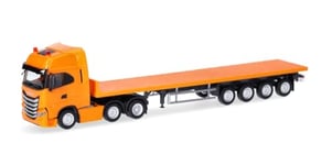 herpa Modèle Miniature de Camion Iveco S-Way 6x2 Camion à Plateau, Échelle 1:87, Objet de Collection, fabriqué en Allemagne, Plastique, Couleur : Orange Municipal