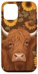 Coque pour iPhone 13 Pro Cuir de vache marron avec vaches des Highlands et tournesols