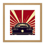 Into the Sunset Retro Man Cave Racing Car Illustration Red Black Square Wooden Framed Wall Art Print Picture 8X8 Inch