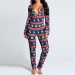 Dam One Piece Print Nattkläder Julpyjamas Jumpsuit Rompers Långärmade nattkläder Blue L