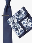 Moss Plain Tie With Bar & Pocket Floral Print Square Set, Navy