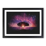 Big Box Art Lone Tree Beneath a Purple Sunset Paint Splash Framed Wall Art Picture Print Ready to Hang, Black A2 (62 x 45 cm)