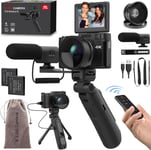 Appareil photo numérique avec kit d'accessoires 48 MP 4K pour vlogger télécommande autofocus à écran rabattable avec poignée trépied, objectif macro grand angle, microphone, piles