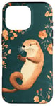 Coque pour iPhone 16 Pro Orange minimaliste floral mignon loutre de mer sur bleu sarcelle uni