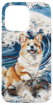 Coque pour iPhone 15 Pro Max Sabtle White Corgi Chien Maman Papa Kanagawa Art Beach