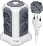 Multiprise Verticale Avec 8 Prises Universelles Ita 10/16A Et Schuko Et 2 Usb C Et 2 Usb A (Usb-C1 20W Pd3.0 Charge Rapide), Câble 2M, 4000W/16A, Multiprise Avec Interrupteur, Gris Foncé