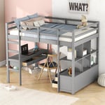 Lit mezzanine 140x200cm pour enfant - lit surélevé avec tiroirs de rangement, bureau et bibliothèque de rangement sous le lit - gris