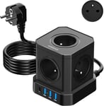 Cube Multiprise (16A/4000W) 5 Prises françaises avec 3 Ports USB et 1 Port Type-C,Bloc Multiprise Parafoudre et Surtension avec Interrupteur,Câble 2Mpour Maison Bureau,Voyage (Noir)