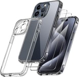 Coque Protection Caméra Compatible Avec Iphone 15 Pro Et 2 Pièces Verre Trempé, [Protection Militaire] Coque Antichoc Anti-Jaune Couverture À 360 Degrés, Transparent