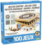 France Cartes- Coffret 100 Bois-Les Grands Classiques Famille, Enfants Dames, Petits Chevaux, l'Oie, Marelle, dés et Jeu de Cartes,de 3 à 8 joueurs, 527600, Gris