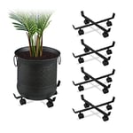 Relaxdays Support Roulant Plantes, Lot de 5, intérieur et extérieur, Plateau Pots de Fleurs Jusqu’à 42 cm, métal, Noir