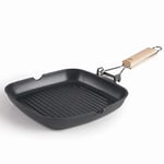 LACOR - 25144 - Poêle Grill SUA cannalée en aluminium fondé 100% sans PFOA, antiadhésif, bicouche, manche pliable bois de chêne, fond Full Induction, adapté à l'induction, 24 x 24 x 3,7 cm, noir