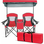 Goplus - Chaise de Camping 2 Place avec Auvent Réglable et Amovible-Chaise Pliante avec Mini Table-Sac Isotherme-Charge 120KG Rouge