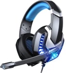 Casque de jeu Wasart Over Ear avec micro et lumière LED, casque USB antibruit avec mousse à mémoire de forme légère et confortable, fonctionne sur PC, PS4, PS5, Xbox One, Xbox Series X/S, etc.