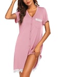 Ekouaer Chemise de Nuit Femme Maternité Robe de Nuit été Coton Nuisette Allaitement Col V Pyjama Sexy Manches Courtes, Rose, L