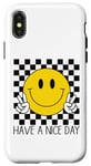 Coque pour iPhone X/XS Have a Nice Day, sourire rétro des années 70, visage souriant à carreaux