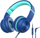 Kids Headphones, iClever Children Headphone, Volume Limiter with Mic, Foldable Headphones, 3.5mm Aux Nylon Cable, Children Headphones On Ear for Tablet, Airplane, School (Blue)