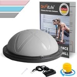 DH FitLife Ballon d'équilibre pour yoga - Diamètre : 60 x 22 cm - Charge maximale : 200 kg - Demi-ballon de gymnastique - Planche d'équilibre avec pompe et 2 bandes de fitness - Gris