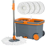 Casabella Microfiber Spin Mop and Bucket Floor Cleaning System Set with 4 Head Refills,Orange/Graphite