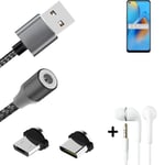 Câble de données + écouteurs pour Oppo A74 4G a. USB de type C et Micro-USB