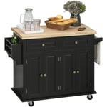 Desserte de cuisine multi rangements 2 tiroirs 2 placard 2 portes avec étagère range-bouteille porte-torchons mdf noir hévéa