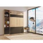 Composition lit escamotable style industriel KEY  bi-ton chêne noir mat 140*200 cm L : 205 cm