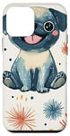 Coque pour iPhone 12 mini Carlin bleu mignon avec feux d'artifice et étoiles dans une illustration amusante