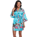 GROPC Robe De Chambre Satin Femme,Saint Valentin Lingerie Sexy Soie Soie Rétro Paon Impression Babydoll Robe Robe De Mariée Peignoir Kimono Vêtements De Nuit pour Les Cadeaux d'amis,Lac Bleu,M