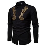 SKLHSIL Men Long Sleeve Shirts,Casual Golden Flower Slim Black Button Shirts Spring Autumn Men Business Dress Shirts Funky Streetwear Fashion Beach Shirts Tops Party Wedding,X,Large