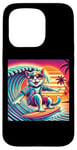 Coque pour iPhone 15 Pro Chat amusant surfeur hawaïen coucher de soleil tropical paradis surfeur