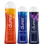 Durex - Lot de 3 Gels Lubrifiants intimes - 1 Gel Hot Chauffant Stimulant 100ml - 1 Gel Perfect Gliss Usage Anal 50 ml - 1 Gel Sensitive 50ml