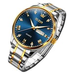 OLEVS Montre pour homme facile à lire avec bracelet en acier inoxydable, calendrier étanche, 5563 : bleu/or, Classique