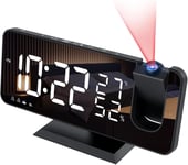 Reveil Projecteur Avec Radio,Horloge Numerique,Radio Reveil Usb Avec Double Alarme Et Ecran Miroir Led De 7,Snooze,4 Niveaux De Luminosite,12/24H,15 Volume,Pour La Maison,Le Bureau