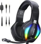 PG1 Casque Gaming pour PS4/PS5/PC/Xbox/Nintendo Switch, Casque Gamer avec Son Microphone Stéréo AI, Casque PS5 avec Prise Jack 3,5 mm et lumière RVB, Noir