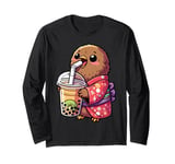 Kiwi Bird Drinking Bubble Tea Japanese Kimono Long Sleeve T-Shirt