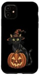 Coque pour iPhone 11 Chat noir d'Halloween avec chapeau de sorcière et citrouille