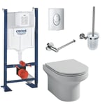 Pack WC suspendu Jacob Delafon sans bride Elite abattant + Bâti support Grohe RapidSL + plaque chromé + Porte-balai + Porte-rouleau