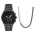 Armani Exchange Montre pour Homme en Acier Inoxydable Noir et Collier Argenté, Set