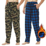 YUSHOW Lot de 2 Pantalon de Pyjama Homme en Polaire à Carreaux Hiver Bas de Pyjama Souple avec Poches Confortable Vêtements de Nuit,Plaid Bleu Noir + Camouflage Vert,XL