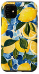 Coque pour iPhone 11 Motif à pois abstraits jaunes et carreaux bleus italiens avec citrons