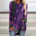 Vintage print oregelbunden topp kvinnor Casual långärmad lös oversize tröja med rund hals topp höst Purple M