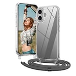 OLEPHY Coque avec Cordon pour iPhone 16 6,1'', Coque avec Collier Ajustable, Protection Complète [Antichoc] [Amovible] Coque avec Tour de Cou, Gris