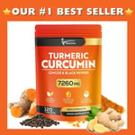 Turmeric Curcumin Tablets 7,260mg + Ginger + Black Pepper - 120 Tablets UK Made