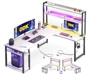 ODK Bureau Gaming avec LED, Bureau avec Étagère Réversible, Bureau en L avec Prises et Ports USB, Bureau Gaming Blanc avec Compartiments et Rangement, 150×120 cm