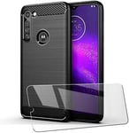 For Motorola G8 Power Lite, Carbon Fibre Gel Phone Case Cover + 9h Screen Glass