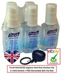 5x Purell ADVANCED Hygienic Hand Rub 60ml Sanitiser Gojo 9650 + Belt Clip Reel