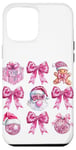 iPhone 12 Pro Max Preppy Pink Christmas Santa Gingerbread & Disco Ball Bow Case