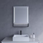 Miroir de salle de bain avec éclairage et étagère - Noir - 60 x 80 cm - Avec cadre en aluminium de qualité supérieure - Avec lumière LED - Interrupteur tactile - Intensité variable - Pour interrupteur